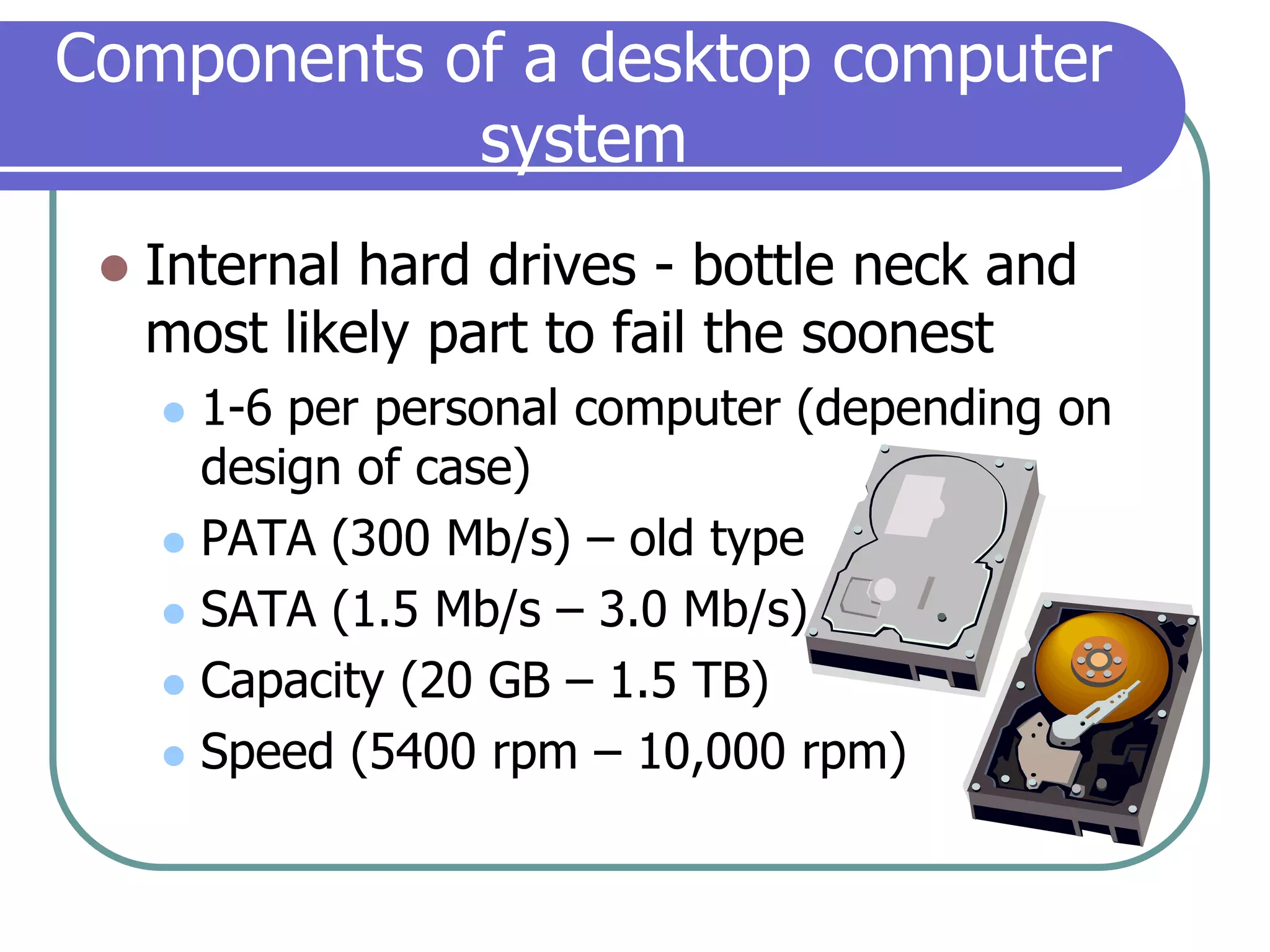 Components of a desktop computer systemInternal hard drives - bottle neck and most likely part to fail the soonest1-6 per personal computer (depending on design of case)PATA (300 Mb/s) – old typeSATA (1.5 Mb/s – 3.0 Mb/s)Capacity (20 GB – 1.5 TB)Speed (5400 rpm – 10,000 rpm)