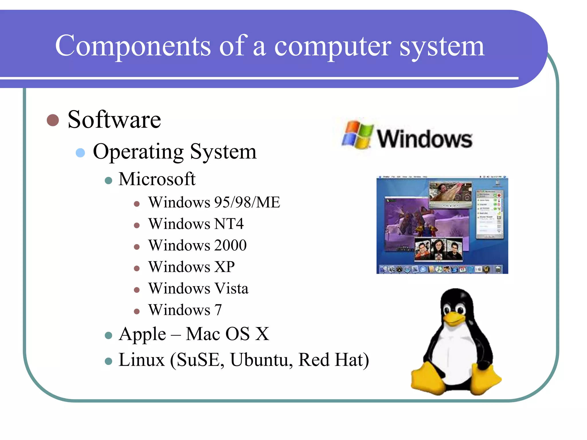 Components of a computer systemSoftwareOperating SystemMicrosoftWindows 95/98/MEWindows NT4Windows 2000Windows XPWindows VistaWindows 7Apple – Mac OS X Linux (SuSE, Ubuntu, Red Hat)