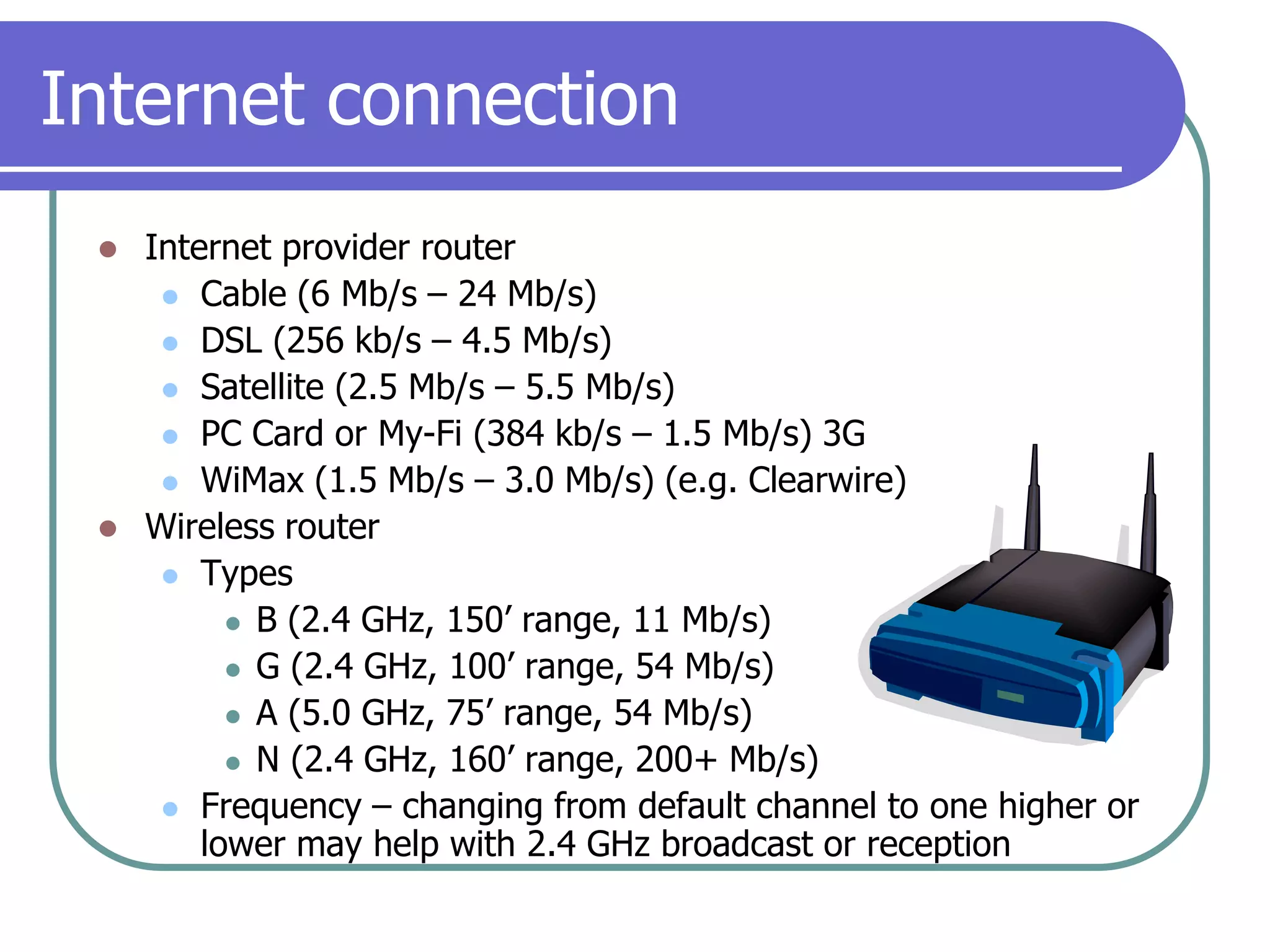 Internet connectionInternet provider routerCable (6 Mb/s – 24 Mb/s)DSL (256 kb/s – 4.5 Mb/s)Satellite (2.5 Mb/s – 5.5 Mb/s)PC Card or My-Fi (384 kb/s – 1.5 Mb/s) 3GWiMax (1.5 Mb/s – 3.0 Mb/s) (e.g. Clearwire)Wireless routerTypesB (2.4 GHz, 150’ range, 11 Mb/s)G (2.4 GHz, 100’range, 54 Mb/s)A (5.0 GHz, 75’range, 54 Mb/s)N (2.4 GHz, 160’range, 200+ Mb/s)Frequency – changing from default channel to one higher or lower may help with 2.4 GHz broadcast or reception