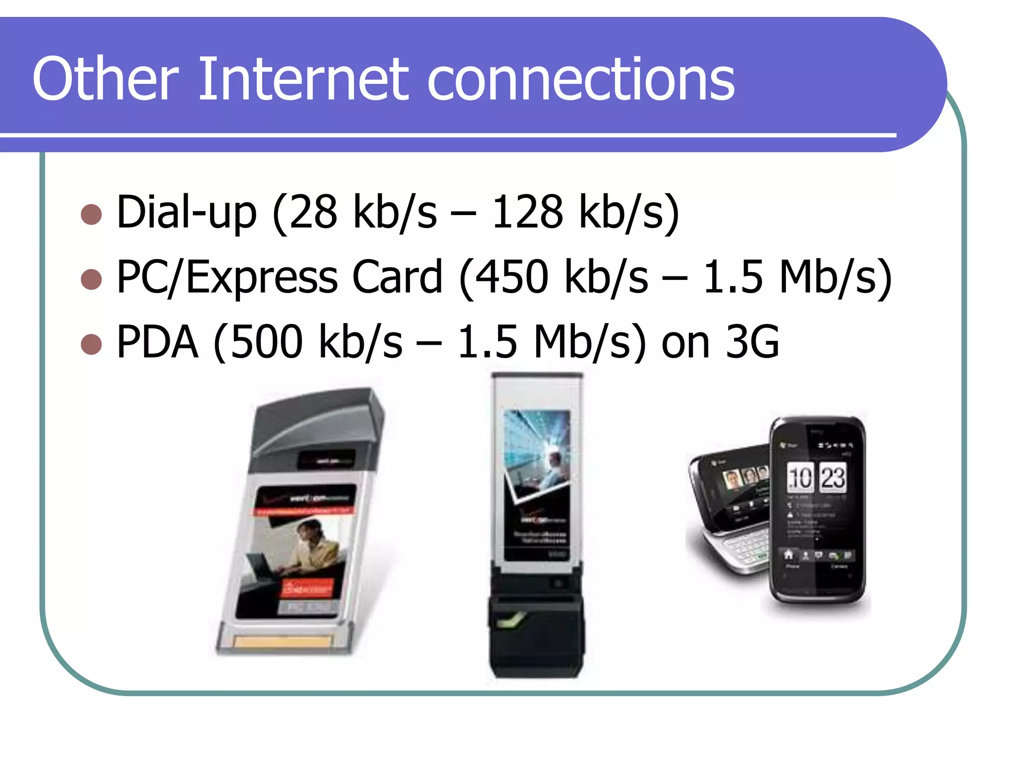 Other Internet connectionsDial-up (28 kb/s – 128 kb/s)PC/Express Card (450 kb/s – 1.5 Mb/s)PDA (500 kb/s – 1.5 Mb/s) on 3G