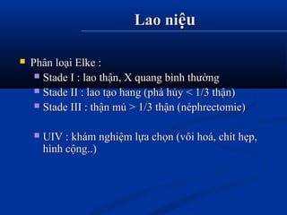 Lao niLao niệuệu
 Phân loại Elke :Phân loại Elke :
 Stade I : lao thận, X quang bình thườngStade I : lao thận, X quang bình thường
 Stade II : lao tạo hang (phá hủy < 1/3 thận)Stade II : lao tạo hang (phá hủy < 1/3 thận)
 Stade III : thận mủ > 1/3 thận (néphrectomie)Stade III : thận mủ > 1/3 thận (néphrectomie)
 UIV : khám nghiệm lựa chọn (vôi hoá, chít hẹp,UIV : khám nghiệm lựa chọn (vôi hoá, chít hẹp,
hình cộng..)hình cộng..)
 