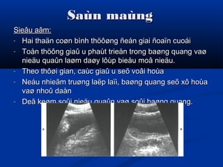 Saùn maùngSaùn maùng
Sieâu aâm:Sieâu aâm:
- Hai thaän coøn bình thöôøng ñeán giai ñoaïn cuoáiHai thaän coøn bình thöôøng ñeán giai ñoaïn cuoái
- Toån thöông giaû u phaùt trieån trong baøng quang vaøToån thöông giaû u phaùt trieån trong baøng quang vaø
nieäu quaûn laøm daøy lôùp bieåu moâ nieäu.nieäu quaûn laøm daøy lôùp bieåu moâ nieäu.
- Theo thôøi gian, caùc giaû u seõ voâi hoùaTheo thôøi gian, caùc giaû u seõ voâi hoùa
- Neáu nhieãm truøng laëp laïi, baøng quang seõ xô hoùaNeáu nhieãm truøng laëp laïi, baøng quang seõ xô hoùa
vaø nhoû daànvaø nhoû daàn
- Deã keøm soûi nieäu quaûn vaø soûi baøng quang.Deã keøm soûi nieäu quaûn vaø soûi baøng quang.
 