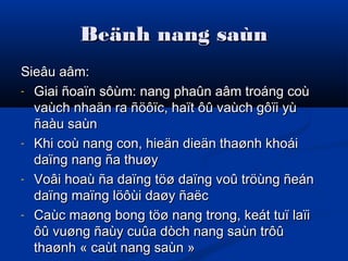 Beänh nang saùnBeänh nang saùn
Sieâu aâm:Sieâu aâm:
- Giai ñoaïn sôùm: nang phaûn aâm troáng coùGiai ñoaïn sôùm: nang phaûn aâm troáng coù
vaùch nhaän ra ñöôïc, haït ôû vaùch gôïi yùvaùch nhaän ra ñöôïc, haït ôû vaùch gôïi yù
ñaàu saùnñaàu saùn
- Khi coù nang con, hieän dieän thaønh khoáiKhi coù nang con, hieän dieän thaønh khoái
daïng nang ña thuøydaïng nang ña thuøy
- Voâi hoaù ña daïng töø daïng voû tröùng ñeánVoâi hoaù ña daïng töø daïng voû tröùng ñeán
daïng maïng löôùi daøy ñaëcdaïng maïng löôùi daøy ñaëc
- Caùc maøng bong töø nang trong, keát tuï laïiCaùc maøng bong töø nang trong, keát tuï laïi
ôû vuøng ñaùy cuûa dòch nang saùn trôûôû vuøng ñaùy cuûa dòch nang saùn trôû
thaønh « caùt nang saùn »thaønh « caùt nang saùn »
 
