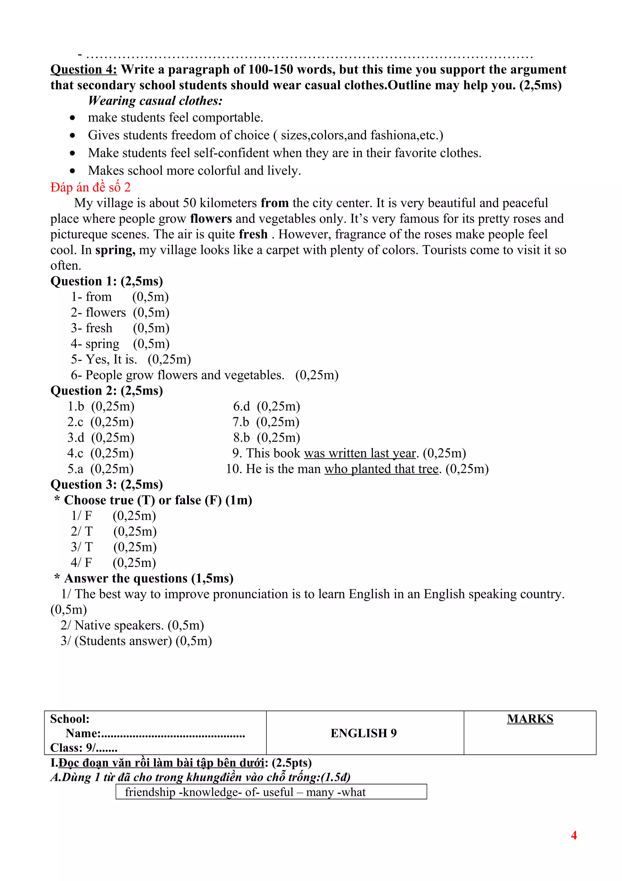 - ……………………………………………………………………………………… 
Question 4: Write a paragraph of 100-150 words, but this time you support the argument 
that secondary school students should wear casual clothes.Outline may help you. (2,5ms) 
Wearing casual clothes: 
· make students feel comportable. 
· Gives students freedom of choice ( sizes,colors,and fashiona,etc.) 
· Make students feel self-confident when they are in their favorite clothes. 
· Makes school more colorful and lively. 
Đáp án đề số 2 
My village is about 50 kilometers from the city center. It is very beautiful and peaceful 
place where people grow flowers and vegetables only. It’s very famous for its pretty roses and 
pictureque scenes. The air is quite fresh . However, fragrance of the roses make people feel 
cool. In spring, my village looks like a carpet with plenty of colors. Tourists come to visit it so 
often. 
Question 1: (2,5ms) 
1- from (0,5m) 
2- flowers (0,5m) 
3- fresh (0,5m) 
4- spring (0,5m) 
5- Yes, It is. (0,25m) 
6- People grow flowers and vegetables. (0,25m) 
Question 2: (2,5ms) 
1.b (0,25m) 6.d (0,25m) 
2.c (0,25m) 7.b (0,25m) 
3.d (0,25m) 8.b (0,25m) 
4.c (0,25m) 9. This book was written last year. (0,25m) 
5.a (0,25m) 10. He is the man who planted that tree. (0,25m) 
Question 3: (2,5ms) 
* Choose true (T) or false (F) (1m) 
1/ F (0,25m) 
2/ T (0,25m) 
3/ T (0,25m) 
4/ F (0,25m) 
* Answer the questions (1,5ms) 
1/ The best way to improve pronunciation is to learn English in an English speaking country. 
(0,5m) 
2/ Native speakers. (0,5m) 
3/ (Students answer) (0,5m) 
School: 
Name:.............................................. 
Class: 9/....... 
ENGLISH 9 
MARKS 
I.Đọc đoạn văn rồi làm bài tập bên dưới: (2.5pts) 
A.Dùng 1 từ đã cho trong khungđiền vào chỗ trống:(1.5đ) 
friendship -knowledge- of- useful – many -what 
4 
 