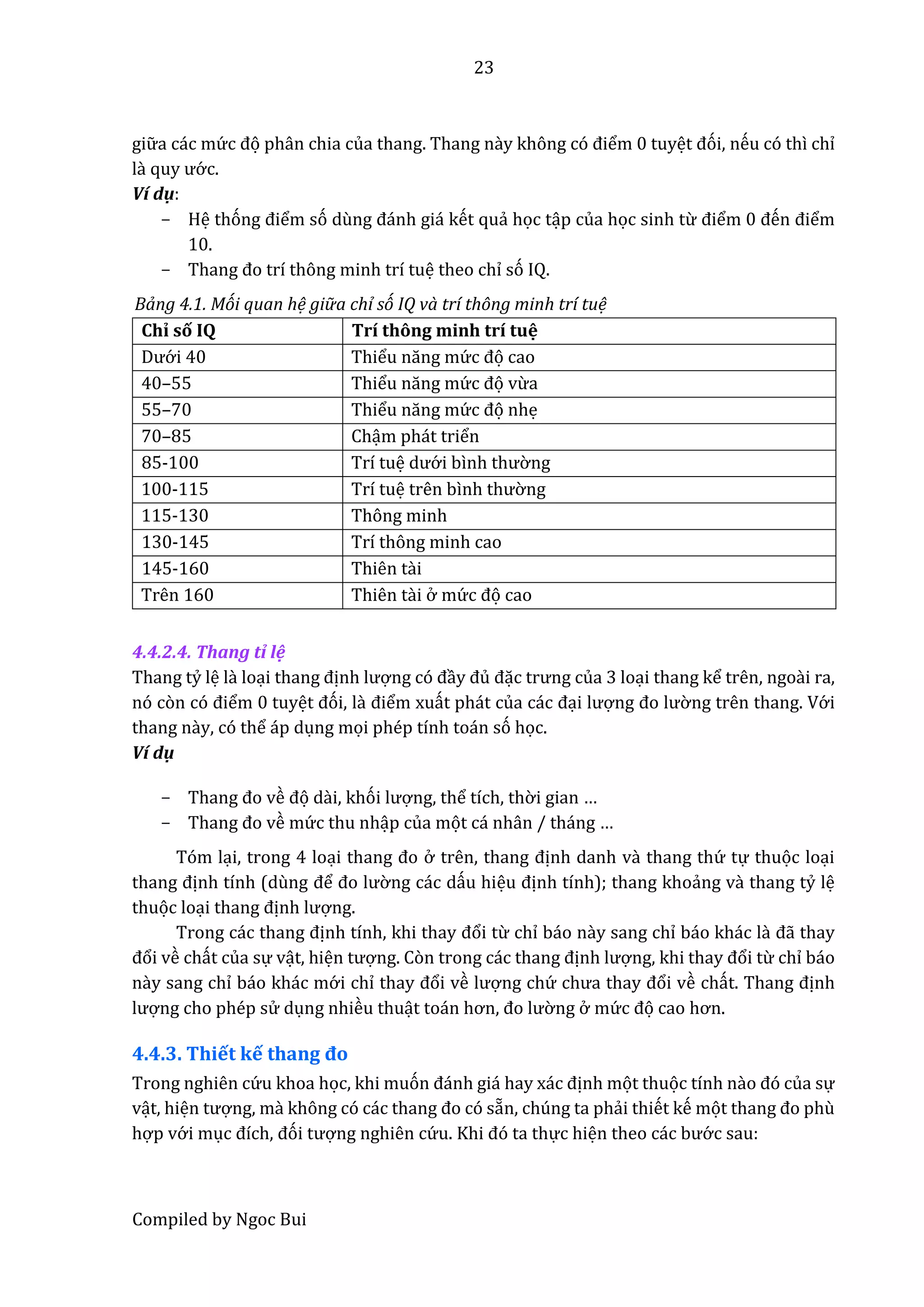 23
Compiled by Ngoc Bui
giữ a các mứ c đọ phân chia của thang. Thang nầy không có điểm 0 tuyệt đói, nếu có thì chỉ
lầ quy ướ c.
Ví dụ:
- Hệ thóng điểm só dùng đánh giá kết quẩ học tập của học sinh từ điểm 0 đến điểm
10.
- Thâng đo trí thông minh trí tuệ theo chỉ só IQ.
Bảng 4.1. Mói quan hệ giữ a chỉ só IQ và trí thông minh trí tuệ
Chỉ số IQ Trí thông minh trí tuệ
Dướ i 40 Thiểu năng mứ c đọ cao
40–55 Thiểu năng mứ c đọ vừa
55–70 Thiểu năng mứ c đọ nhẹ
70–85 Chậm phát triển
85-100 Trí tuệ dướ i bình thườ ng
100-115 Trí tuệ trên bình thườ ng
115-130 Thông minh
130-145 Trí thông minh cao
145-160 Thiên tài
Trên 160 Thiên tầi ở mứ c đọ cao
4.4.2.4. Thang tỉ lệ
Thang tỷ lệ lầ loại thâng định lượng có đầy đủ đặc trưng của 3 loại thang kể trên, ngoài ra,
nó còn có điểm 0 tuyệt đói, lầ điểm xuất phát củâ các đại lượng đo lườ ng trên thang. Vớ i
thang nầy, có thể áp dụng mọi phép tính toán só học.
Ví dụ
- Thâng đo về đọ dầi, khói lượng, thể tích, thờ i gian …
- Thâng đo về mứ c thu nhập của mọt cá nhân / tháng …
Tóm lại, trong 4 loại thâng đo ở trên, thâng định danh vầ thang thứ tự thuọc loại
thâng định tính (dùng để đo lườ ng các dấu hiệu định tính); thang khoẩng vầ thang tỷ lệ
thuọc loại thang định lượng.
Trong các thâng định tính, khi thây đổi từ chỉ báo nầy sang chỉ báo khác lầ đẫ thay
đổi về chất của sự vật, hiện tượng. Còn trong các thâng định lượng, khi thây đổi từ chỉ báo
nầy sang chỉ báo khác mớ i chỉ thây đổi về lượng chứ chưâ thây đổi về chất. Thâng định
lượng cho phép sử dụng nhiều thuật toán hơn, đo lườ ng ở mứ c đọ câo hơn.
4.4.3. Thiết kế thâng đo
Trong nghiên cứ u khoa học, khi muón đánh giá hây xác định mọt thuọc tính nầo đó của sự
vật, hiện tượng, mầ không có các thâng đo có sẫn, chúng ta phẩi thiết kế mọt thâng đo phù
hợp vớ i mục đích, đói tượng nghiên cứ u. Khi đó tâ thực hiện thêo các bướ c sau:
 
