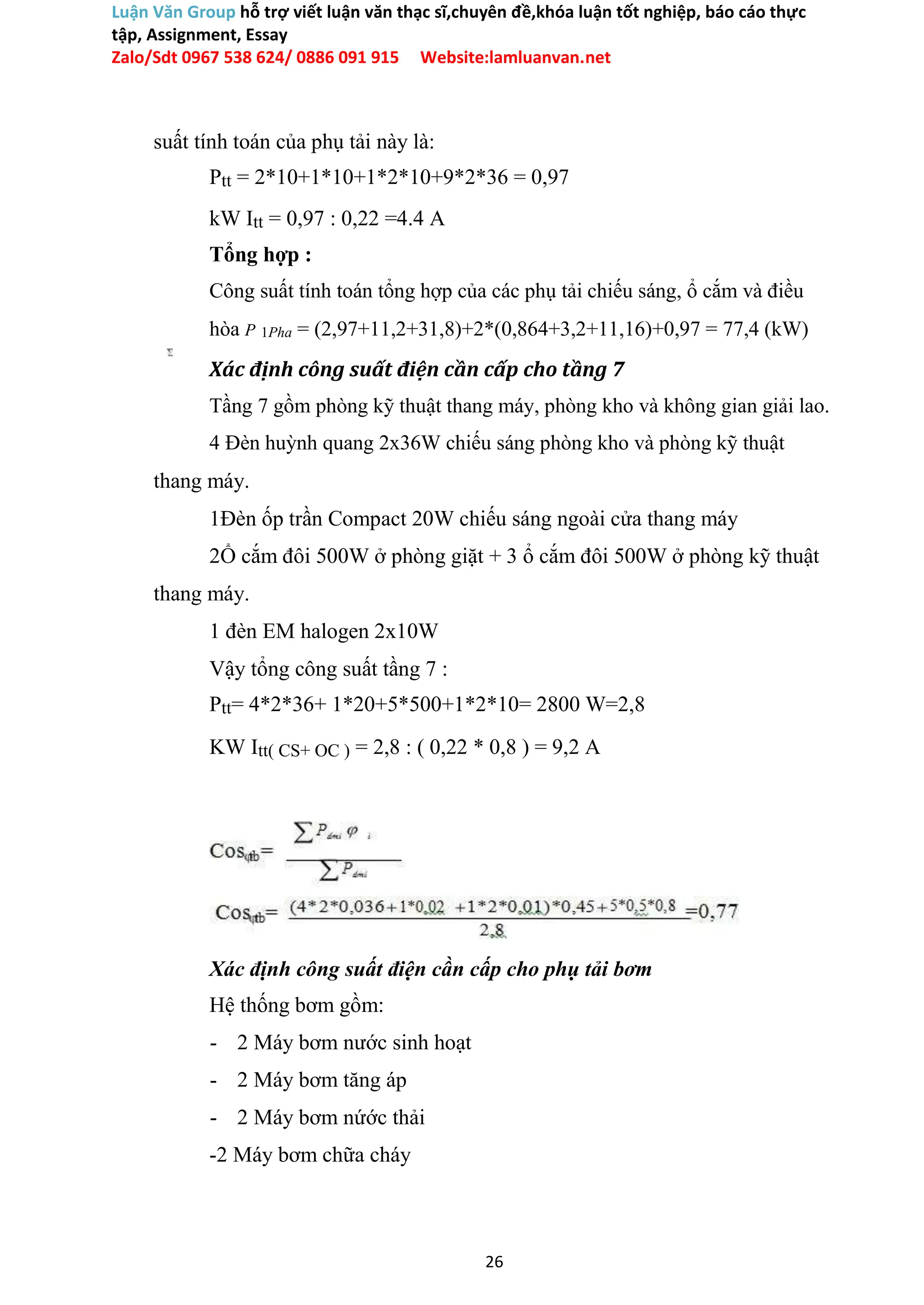 Luận Văn Group hỗ trợ viết luận văn thạc sĩ,chuyên đề,khóa luận tốt nghiệp, báo cáo thực
tập, Assignment, Essay
Zalo/Sdt 0967 538 624/ 0886 091 915 Website:lamluanvan.net
suất tính toán của phụ tải này là:
Ptt = 2*10+1*10+1*2*10+9*2*36 = 0,97
kW Itt = 0,97 : 0,22 =4.4 A
Tổng hợp :
Công suất tính toán tổng hợp của các phụ tải chiếu sáng, ổ cắm và điều
hòa P 1Pha = (2,97+11,2+31,8)+2*(0,864+3,2+11,16)+0,97 = 77,4 (kW)
Xác định công suất điện cần cấp cho tầng 7
Tầng 7 gồm phòng kỹ thuật thang máy, phòng kho và không gian giải lao.
4 Đèn huỳnh quang 2x36W chiếu sáng phòng kho và phòng kỹ thuật
thang máy.
1Đèn ốp trần Compact 20W chiếu sáng ngoài cửa thang máy
2Ổ cắm đôi 500W ở phòng giặt + 3 ổ cắm đôi 500W ở phòng kỹ thuật
thang máy.
1 đèn EM halogen 2x10W
Vậy tổng công suất tầng 7 :
Ptt= 4*2*36+ 1*20+5*500+1*2*10= 2800 W=2,8
KW Itt( CS+ OC ) = 2,8 : ( 0,22 * 0,8 ) = 9,2 A
Xác định công suất điện cần cấp cho phụ tải bơm
Hệ thống bơm gồm:
- 2 Máy bơm nước sinh hoạt
- 2 Máy bơm tăng áp
- 2 Máy bơm nứớc thải
-2 Máy bơm chữa cháy
26
 