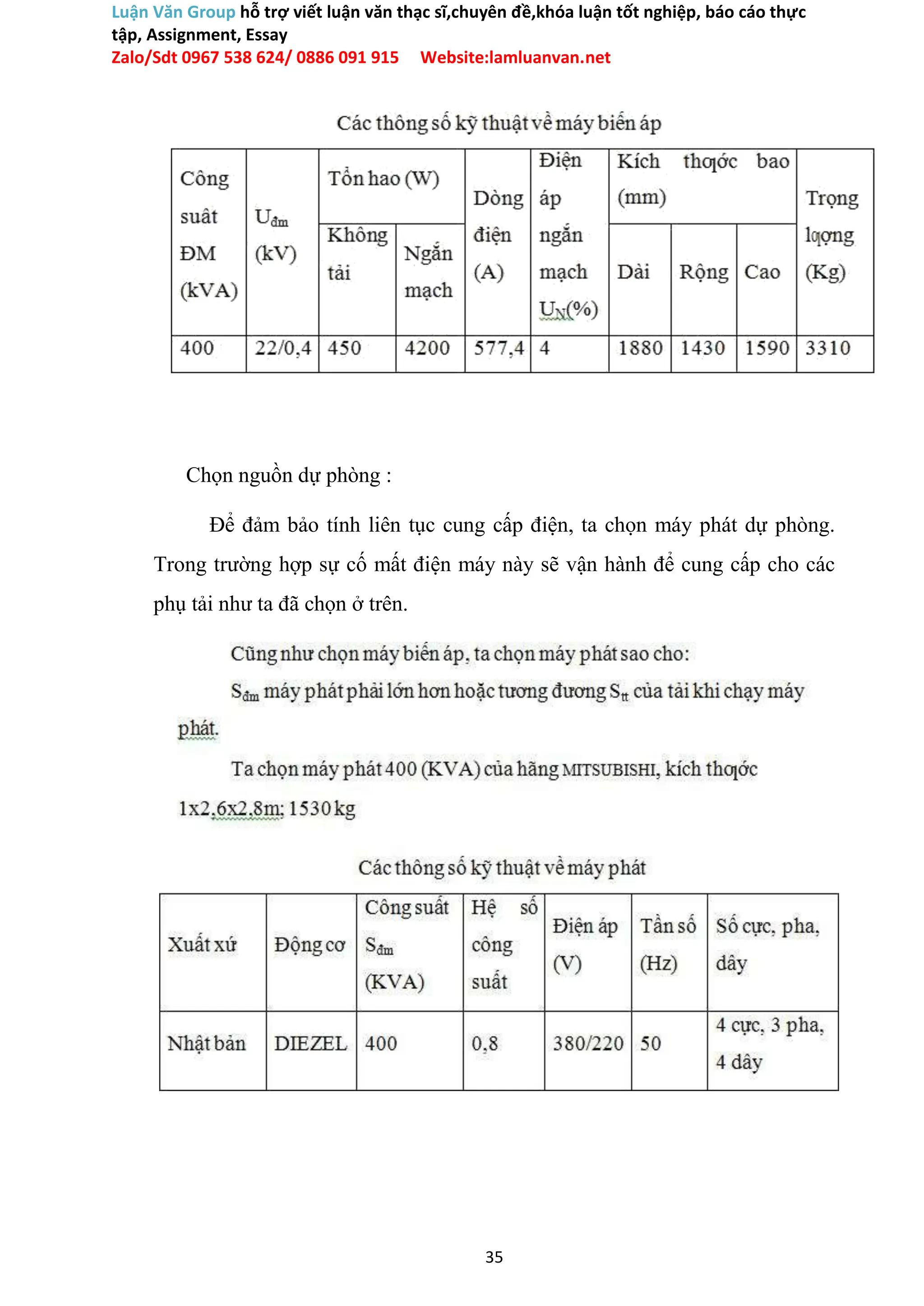 Luận Văn Group hỗ trợ viết luận văn thạc sĩ,chuyên đề,khóa luận tốt nghiệp, báo cáo thực
tập, Assignment, Essay
Zalo/Sdt 0967 538 624/ 0886 091 915 Website:lamluanvan.net
Chọn nguồn dự phòng :
Để đảm bảo tính liên tục cung cấp điện, ta chọn máy phát dự phòng.
Trong trường hợp sự cố mất điện máy này sẽ vận hành để cung cấp cho các
phụ tải như ta đã chọn ở trên.
35
 