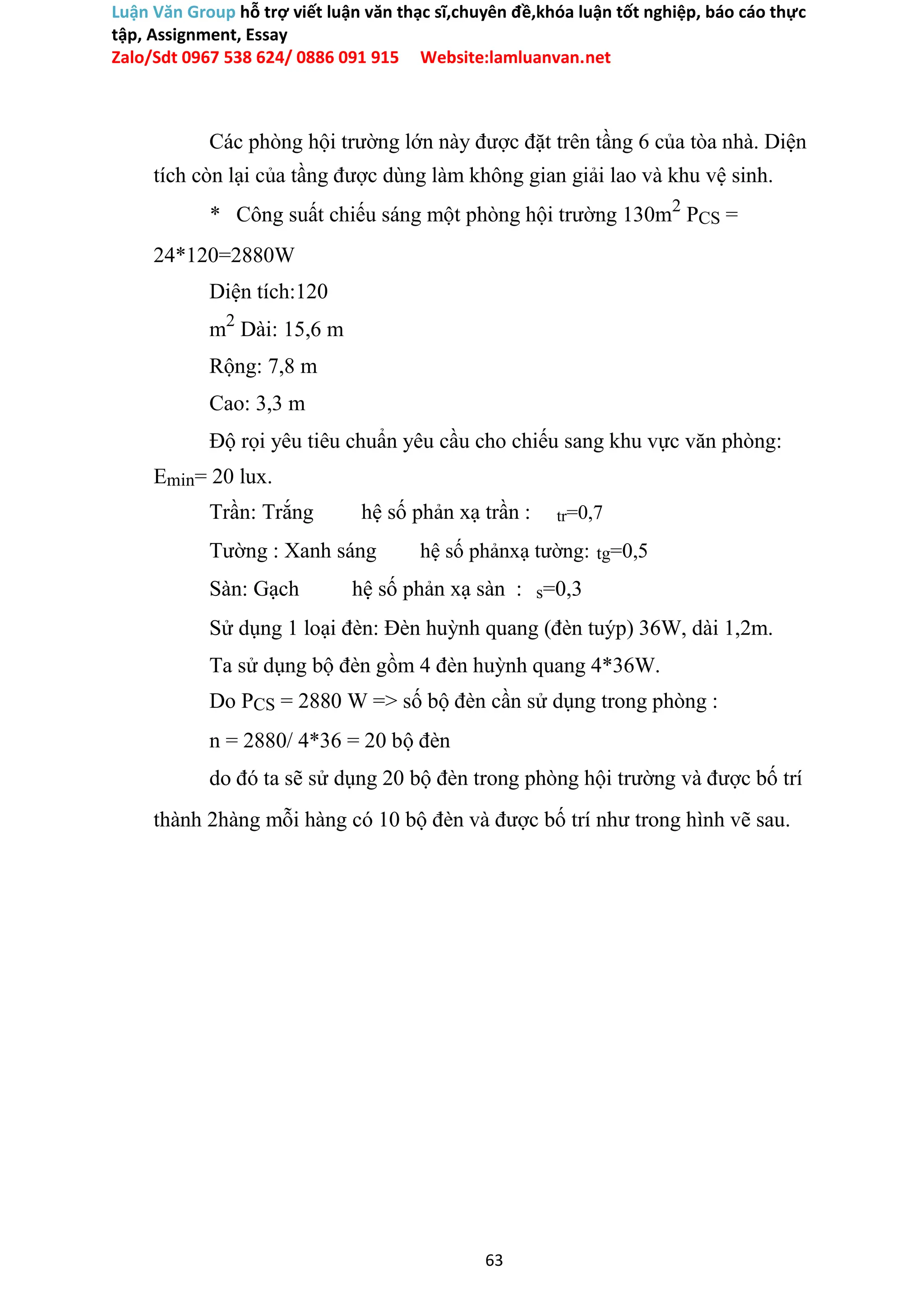 Luận Văn Group hỗ trợ viết luận văn thạc sĩ,chuyên đề,khóa luận tốt nghiệp, báo cáo thực
tập, Assignment, Essay
Zalo/Sdt 0967 538 624/ 0886 091 915 Website:lamluanvan.net
Các phòng hội trường lớn này được đặt trên tầng 6 của tòa nhà. Diện
tích còn lại của tầng được dùng làm không gian giải lao và khu vệ sinh.
* Công suất chiếu sáng một phòng hội trường 130m2
PCS =
24*120=2880W
Diện tích:120
m2
Dài: 15,6 m
Rộng: 7,8 m
Cao: 3,3 m
Độ rọi yêu tiêu chuẩn yêu cầu cho chiếu sang khu vực văn phòng:
Emin= 20 lux.
Trần: Trắng hệ số phản xạ trần : tr=0,7
Tường : Xanh sáng hệ số phảnxạ tường: tg=0,5
Sàn: Gạch hệ số phản xạ sàn : s=0,3
Sử dụng 1 loại đèn: Đèn huỳnh quang (đèn tuýp) 36W, dài 1,2m.
Ta sử dụng bộ đèn gồm 4 đèn huỳnh quang 4*36W.
Do PCS = 2880 W => số bộ đèn cần sử dụng trong phòng :
n = 2880/ 4*36 = 20 bộ đèn
do đó ta sẽ sử dụng 20 bộ đèn trong phòng hội trường và được bố trí
thành 2hàng mỗi hàng có 10 bộ đèn và được bố trí như trong hình vẽ sau.
63
 