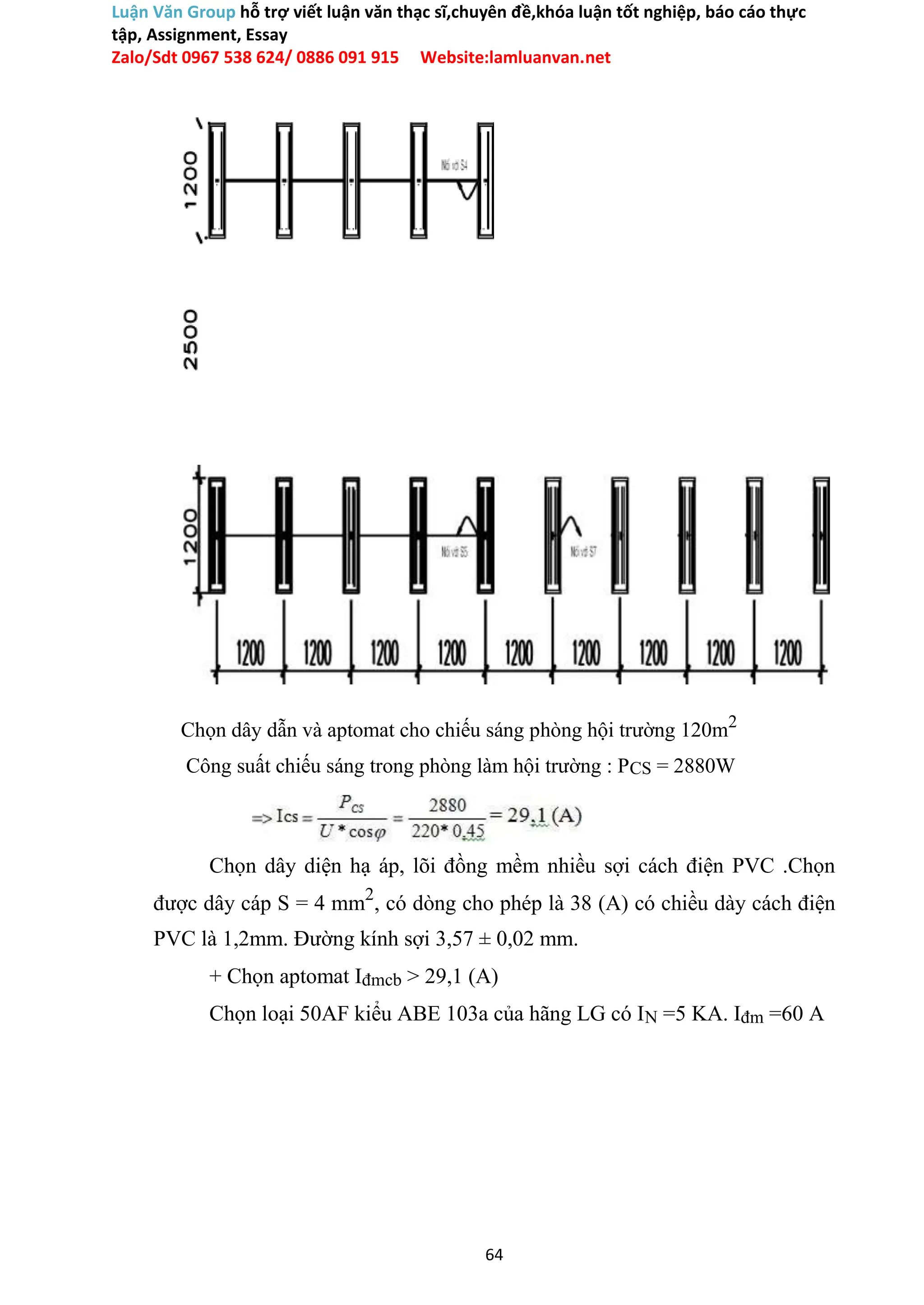 Luận Văn Group hỗ trợ viết luận văn thạc sĩ,chuyên đề,khóa luận tốt nghiệp, báo cáo thực
tập, Assignment, Essay
Zalo/Sdt 0967 538 624/ 0886 091 915 Website:lamluanvan.net
Chọn dây dẫn và aptomat cho chiếu sáng phòng hội trường 120m2
Công suất chiếu sáng trong phòng làm hội trường : PCS = 2880W
Chọn dây diện hạ áp, lõi đồng mềm nhiều sợi cách điện PVC .Chọn
được dây cáp S = 4 mm2
, có dòng cho phép là 38 (A) có chiều dày cách điện
PVC là 1,2mm. Đường kính sợi 3,57 ± 0,02 mm.
+ Chọn aptomat Iđmcb > 29,1 (A)
Chọn loại 50AF kiểu ABE 103a của hãng LG có IN =5 KA. Iđm =60 A
64
 