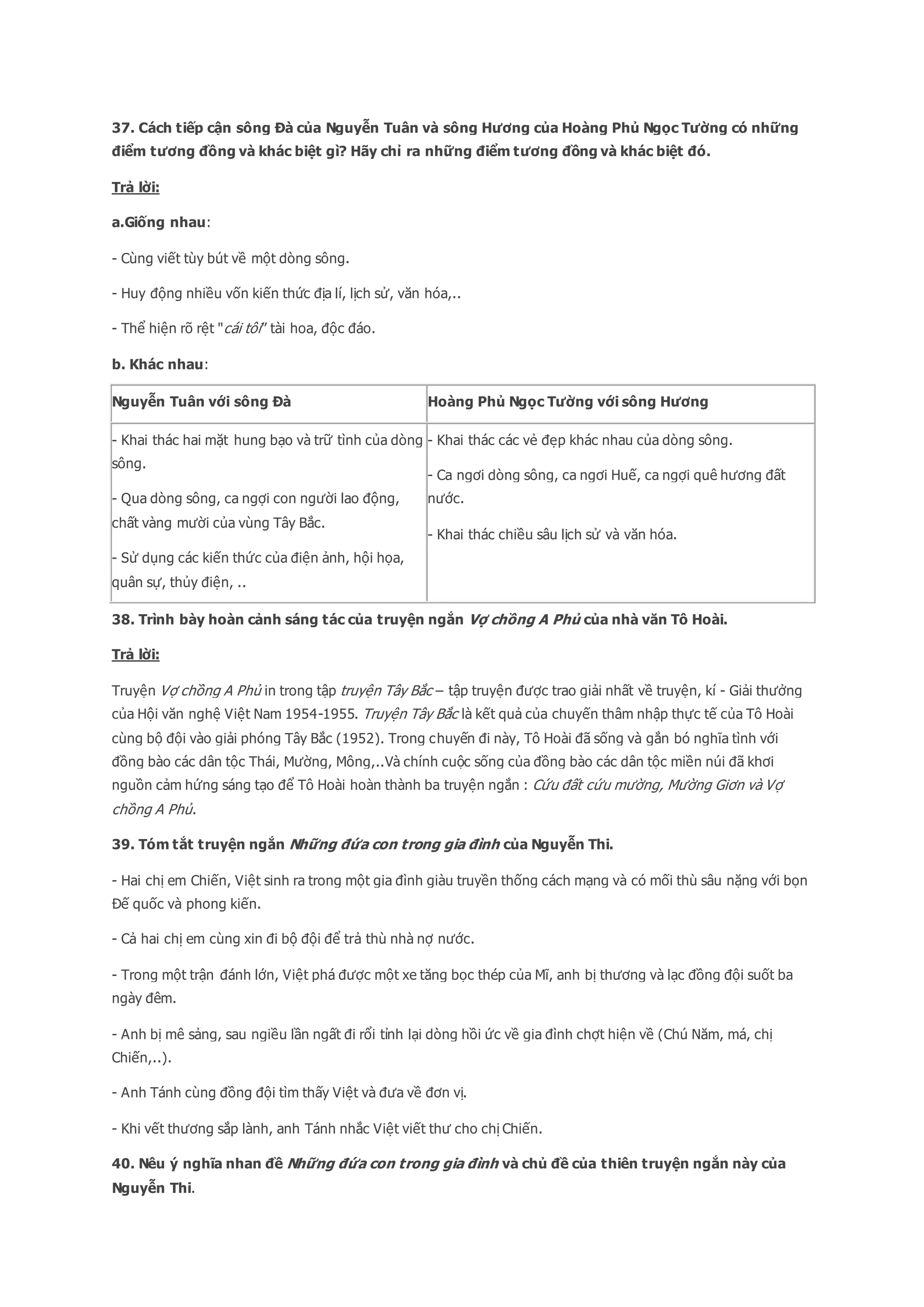 37. Cách tiếp cận sông Đà của Nguyễn Tuân và sông Hương của Hoàng Phủ Ngọc Tường có những
điểm tương đồng và khác biệt gì? Hãy chỉ ra những điểm tương đồng và khác biệt đó.
Trả lời:
a.Giống nhau:
- Cùng viết tùy bút về một dòng sông.
- Huy động nhiều vốn kiến thức địa lí, lịch sử, văn hóa,..
- Thể hiện rõ rệt "cái tôi” tài hoa, độc đáo.
b. Khác nhau:
Nguyễn Tuân với sông Đà Hoàng Phủ Ngọc Tường với sông Hương
- Khai thác hai mặt hung bạo và trữ tình của dòng
sông.
- Qua dòng sông, ca ngợi con người lao động,
chất vàng mười của vùng Tây Bắc.
- Sử dụng các kiến thức của điện ảnh, hội họa,
quân sự, thủy điện, ..
- Khai thác các vẻ đẹp khác nhau của dòng sông.
- Ca ngơi dòng sông, ca ngơi Huế, ca ngợi quê hương đất
nước.
- Khai thác chiều sâu lịch sử và văn hóa.
38. Trình bày hoàn cảnh sáng tác của truyện ngắn Vợ chồng A Phủ của nhà văn Tô Hoài.
Trả lời:
Truyện Vợ chồng A Phủ in trong tập truyện Tây Bắc – tập truyện được trao giải nhất về truyện, kí - Giải thưởng
của Hội văn nghệ Việt Nam 1954-1955. Truyện Tây Bắc là kết quả của chuyến thâm nhập thực tế của Tô Hoài
cùng bộ đội vào giải phóng Tây Bắc (1952). Trong chuyến đi này, Tô Hoài đã sống và gắn bó nghĩa tình với
đồng bào các dân tộc Thái, Mường, Mông,..Và chính cuộc sống của đồng bào các dân tộc miền núi đã khơi
nguồn cảm hứng sáng tạo để Tô Hoài hoàn thành ba truyện ngắn : Cứu đất cứu mường, Mường Giơn và Vợ
chồng A Phủ.
39. Tóm tắt truyện ngắn Những đứa con trong gia đình của Nguyễn Thi.
- Hai chị em Chiến, Việt sinh ra trong một gia đình giàu truyền thống cách mạng và có mối thù sâu nặng với bọn
Đế quốc và phong kiến.
- Cả hai chị em cùng xin đi bộ đội để trả thù nhà nợ nước.
- Trong một trận đánh lớn, Việt phá được một xe tăng bọc thép của Mĩ, anh bị thương và lạc đồng đội suốt ba
ngày đêm.
- Anh bị mê sảng, sau ngiều lần ngất đi rổi tỉnh lại dòng hồi ức về gia đình chợt hiện về (Chú Năm, má, chị
Chiến,..).
- Anh Tánh cùng đồng đội tìm thấy Việt và đưa về đơn vị.
- Khi vết thương sắp lành, anh Tánh nhắc Việt viết thư cho chị Chiến.
40. Nêu ý nghĩa nhan đề Những đứa con trong gia đình và chủ đề của thiên truyện ngắn này của
Nguyễn Thi.
 