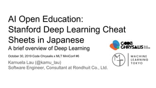 AI Open Education:
Stanford Deep Learning Cheat
Sheets in Japanese
A brief overview of Deep Learning
Kamuela Lau (@kamu_lau)
Software Engineer, Consultant at Rondhuit Co., Ltd.
October 30, 2019 Code Chrysalis x MLT MiniConf #6
 