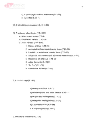 45
c) A participação no Filho do Homem (6.52-59)
d) Apêndice (6.60-71)
VI. O Ministério em Jerusalém (7.11-10-39)
1) A festa dos tabernáculos (7.1-10.39)
a) Jesus e seus irmãos (7.1-9)
b) Entusiasmo na festa (7.10-13)
c) Jesus na festa (7.14-8.59)
1. Moisés e Cristo (7.14-24)
2. As reivindicações messiânicas de Jesus (7.25-31)
3. Interlúdio: a tentativa de prender Jesus (7.32-36)
4. A Água da Vida: continuação do debate messiânico (7.37-44)
5. Descrença em alto nível (7.45-52)
6. A Luz do mundo (8.12-20)
7. ―Eu Sou‖ (8.21-30)
8. Os filhos de Abraão (8.31-59)
2. A cura do cego (9.1-41)
a) O tanque de Siloé (9.1-12)
b) O interrogatório feito pelos fariseus (9.13-17)
c) Os pais são interrogados (9.18-23)
d) O segundo interrogatório (9.24-34)
e) A confissão de fé (9.35-38)
f) A cegueira judicial (9.39-41)
3. O Pastor e o rebanho (10.1-39)
 