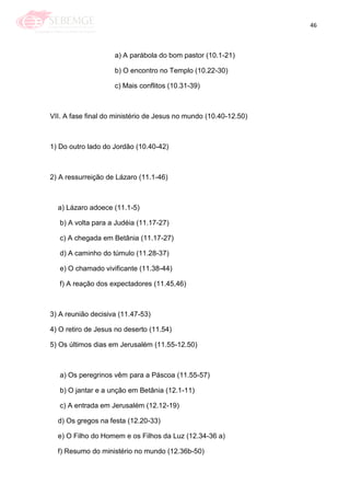 46
a) A parábola do bom pastor (10.1-21)
b) O encontro no Templo (10.22-30)
c) Mais conflitos (10.31-39)
VII. A fase final do ministério de Jesus no mundo (10.40-12.50)
1) Do outro lado do Jordão (10.40-42)
2) A ressurreição de Lázaro (11.1-46)
a) Lázaro adoece (11.1-5)
b) A volta para a Judéia (11.17-27)
c) A chegada em Betânia (11.17-27)
d) A caminho do túmulo (11.28-37)
e) O chamado vivificante (11.38-44)
f) A reação dos expectadores (11.45,46)
3) A reunião decisiva (11.47-53)
4) O retiro de Jesus no deserto (11.54)
5) Os últimos dias em Jerusalém (11.55-12.50)
a) Os peregrinos vêm para a Páscoa (11.55-57)
b) O jantar e a unção em Betânia (12.1-11)
c) A entrada em Jerusalém (12.12-19)
d) Os gregos na festa (12.20-33)
e) O Filho do Homem e os Filhos da Luz (12.34-36 a)
f) Resumo do ministério no mundo (12.36b-50)
 