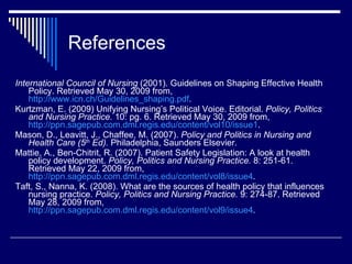 References <ul><li>International Council of Nursing  (2001). Guidelines on Shaping Effective Health Policy. Retrieved May ...