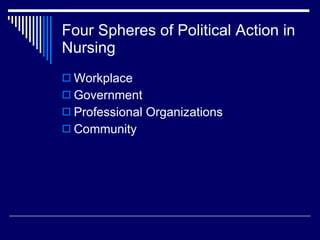 Four Spheres of Political Action in Nursing <ul><li>Workplace </li></ul><ul><li>Government </li></ul><ul><li>Professional ...