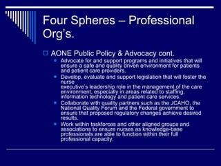 Four Spheres – Professional Org’s. <ul><li>AONE Public Policy & Advocacy cont.  </li></ul><ul><ul><li>Advocate for and sup...