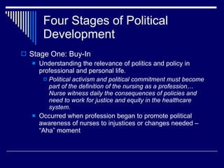 Four Stages of Political Development <ul><li>Stage One: Buy-In </li></ul><ul><ul><li>Understanding the relevance of politi...