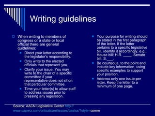 Writing guidelines <ul><li>When writing to members of congress or a state or local official there are general guidelines: ...