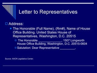 Letter to Representatives <ul><li>Address:  </li></ul><ul><ul><li>The Honorable (Full Name), (Rm#), Name of House Office B...