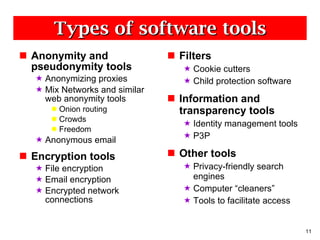 Types of software tools Anonymity and pseudonymity tools Anonymizing proxies Mix Networks and similar web anonymity tools Onion routing Crowds Freedom Anonymous email Encryption tools File encryption Email encryption Encrypted network connections Filters Cookie cutters Child protection software Information and transparency tools Identity management tools P3P Other tools Privacy-friendly search engines Computer “cleaners” Tools to facilitate access 