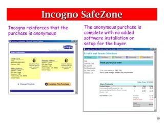 Incogno SafeZone Incogno reinforces that the purchase is anonymous . The anonymous purchase is complete with no added software installation or setup for the buyer. 