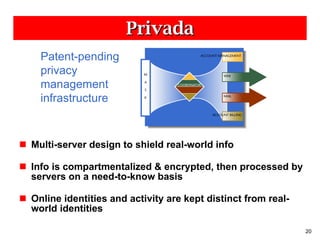 Privada Multi-server design to shield real-world info Info is compartmentalized & encrypted, then processed by servers on a need-to-know basis Online identities and activity are kept distinct from real-world identities Patent-pending privacy management infrastructure 