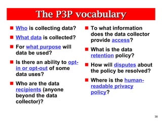 The P3P vocabulary Who  is collecting data? What data  is collected? For  what purpose  will data be used? Is there an ability to  opt-in or opt-out  of some data uses? Who are the data  recipients  (anyone beyond the data collector)? To what information does the data collector provide  access ? What is the data  retention  policy? How will  disputes  about the policy be resolved?  Where is the  human-readable privacy policy ? 