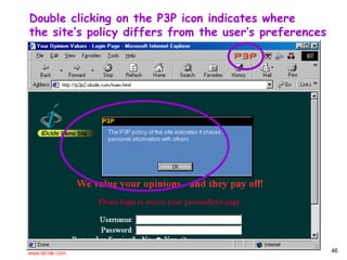 Double clicking on the P3P icon indicates where the site’s policy differs from the user’s preferences 