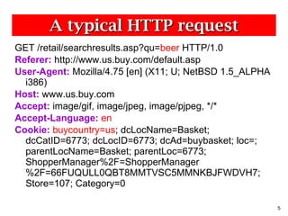 A typical HTTP request GET /retail/searchresults.asp?qu= beer  HTTP/1.0 Referer:  http://www.us.buy.com/default.asp User-Agent:  Mozilla/4.75 [en] (X11; U; NetBSD 1.5_ALPHA i386) Host:  www.us.buy.com Accept:  image/gif, image/jpeg, image/pjpeg, */* Accept-Language:   en Cookie:   buycountry=us ; dcLocName=Basket; dcCatID=6773; dcLocID=6773; dcAd=buybasket; loc=; parentLocName=Basket; parentLoc=6773; ShopperManager%2F=ShopperManager%2F=66FUQULL0QBT8MMTVSC5MMNKBJFWDVH7; Store=107; Category=0 
