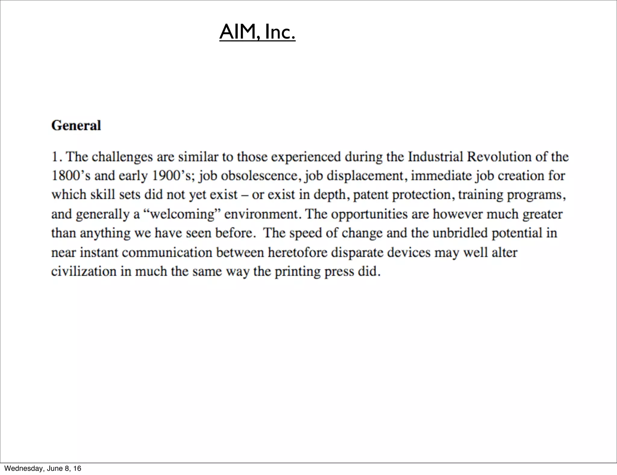 AIM, Inc.
Thursday, June 9, 16
 