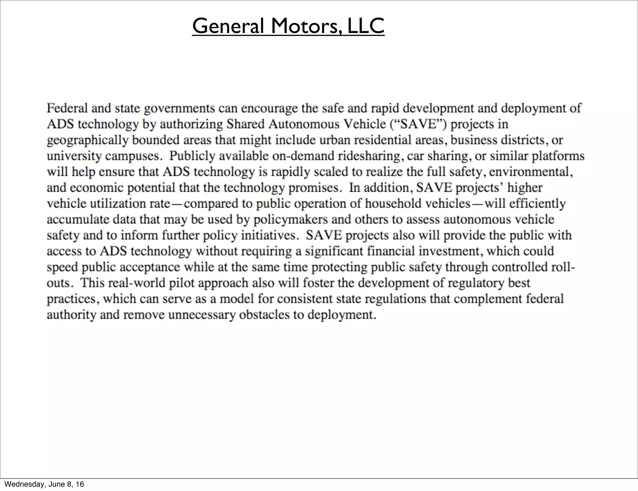 General Motors, LLC
Thursday, June 9, 16
 