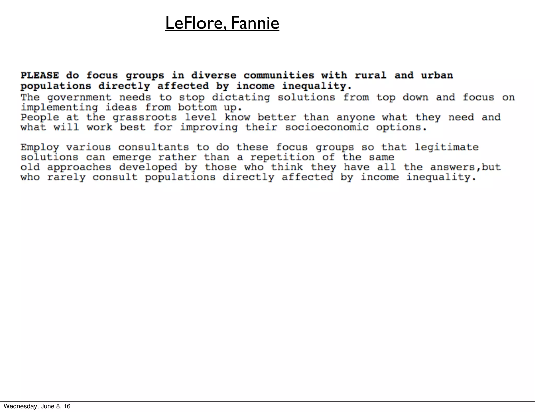 LeFlore, Fannie
Thursday, June 9, 16
 