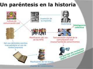 Un paréntesis en la historia

Cultura de
comunicación oral

Invención de
la imprenta
Gutenberg

Masificación del uso
de las NTIC
Del uso de textos escritos
manualmente al uso de
textos impresos

Inteligencia
colectiva

Textualización digital de la
comunicación oral
(nueva fuente de conocimiento)

Masificación de los textos
impresos
(fuente de conocimiento)

 