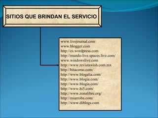 SITIOS QUE BRINDAN EL SERVICIO  www.livejournal.com www.blogger.com http://es.wordpress.com http://mundo-live.spaces.live.com/ www.windowslive.com http://www.revistawish.com.mx http://bitacoras.com/ http://www.blogalia.com/ http://www.blogia.com/ http://www.blogia.com/ http://www.hi5.com/ http://www.zonalibre.org/ http://miarroba.com/ http://www.diblogs.com 