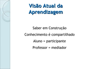 Saber em Construção Conhecimento é compartilhado Aluno = participante Professor = mediador Visão Atual da Aprendizagem 