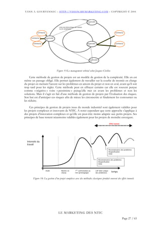 YANN A. GOURVENNEC – HTTP://VISIONARYMARKETING.COM – COPYRIGHT © 2004



                                                                                 Responsable
                                                                                 U.V

                                         Liens non hiérarchiques de relation
                                         ou de compétence

              Contributeur                                                                                                 Contributeur


      Contributeur       Responsable
                         U.V

        Contributeur                                                             Responsable                               Contributeur
                                                                                 U.V




                                                                                    Responsable
                                                                                    U.V




                                       Figure 13:Le management orbital selon Jacques Civilise

     Cette méthode de gestion de projets est un modèle de gestion de la complexité. Elle en est
même un passage obligé. Elle permet également de travailler sur la courbe de montée en charge
du projet en mettant l’accent sur les problèmes en amont du projet et non en aval, avant qu’il soit
trop tard pour les régler. Cette méthode peut en effrayer certains car elle est souvent perçue
comme « négative » voire « pessimiste » puisqu’elle met en avant les problèmes et non les
solutions. Mais il s’agit en fait d’une méthode de gestion de projets par l’évaluation des risques.
Son but est d’anticiper ces risques afin de mieux les circonscrire et finalement les contourner ou
les réduire.

     Ces principes de gestion de projets issus du monde industriel sont également valables pour
les projets complexes et innovants de NTIC. A noter cependant que cette approche s’applique à
des projets d’innovation complexes et qu’elle est peut-être moins adaptée aux petits projets. Ses
principes de base restent néanmoins valables également pour les projets de moindre envergure.

                                                                                                                   Effet tunnel




  Intensité du
  travail

                                                                                                                   Reconnaissance des problèmes
                                                                                                                   Respécification
                                                                                                                   Délai


                                                                                                  Reconnaissance des problèmes
                                                                                                  Respécification
                                                                                                  Délai



                             étude          Montée en            1ère confrontation au         LUP (liste unique
                                            charge               réel (prototypage)            des problèmes)
                                                                                                                      temps

        Figure 14: La gestion d’un projet complexe avec des méthodes classiques produit souvent des effets tunnels




                                        LE MARKETING DES NTIC
                                                                                                                                     Page 27 / 65
 