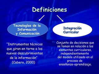 Definiciones Tecnologías de la  Información  y Comunicación “ Instrumentos técnicos que giran en torno a los nuevos descubrimientos de la información”  (Cabero, 2000)   Conjunto de decisiones que se toman en relación a los elementos curriculares, independientemente  del modelo utilizado en el proceso de  enseñanza-aprendizaje. Integración  Curricular 