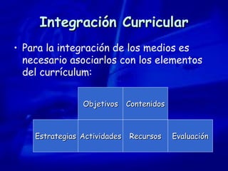 Integración Curricular Para la integración de los medios es necesario asociarlos con los elementos del currículum: Contenidos Objetivos Estrategias Actividades Recursos Evaluación 