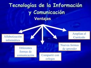 Tecnologías de la Información  y Comunicación Ventajas Alfabetización informática Diferentes formas de comunicación Compartir con colegas Nuevas formas de aprender Amplían el Currículo 
