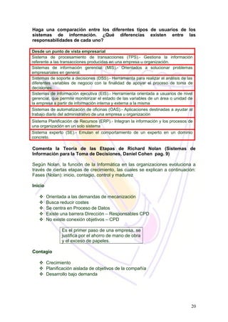 Haga una comparación entre los diferentes tipos de usuarios de los
sistemas de información. ¿Qué diferencias existen entre las
responsabilidades de cada uno?
Desde un punto de vista empresarial
Sistema de procesamiento de transacciones (TPS).- Gestiona la información
referente a las transacciones producidas en una empresa u organización.
Sistemas de información gerencial (MIS).- Orientados a solucionar problemas
empresariales en general.
Sistemas de soporte a decisiones (DSS).- Herramienta para realizar el análisis de las
diferentes variables de negocio con la finalidad de apoyar el proceso de toma de
decisiones.
Sistemas de información ejecutiva (EIS).- Herramienta orientada a usuarios de nivel
gerencial, que permite monitorizar el estado de las variables de un área o unidad de
la empresa a partir de información interna y externa a la misma
Sistemas de automatización de oficinas (OAS).- Aplicaciones destinadas a ayudar al
trabajo diario del administrativo de una empresa u organización
Sistema Planificación de Recursos (ERP).- Integran la información y los procesos de
una organización en un solo sistema
Sistema experto (SE).- Emulan el comportamiento de un experto en un dominio
concreto.
Comenta la Teoría de las Etapas de Richard Nolan (Sistemas de
Información para la Toma de Decisiones, Daniel Cohen pag. 9)
Según Nolan, la función de la Informática en las organizaciones evoluciona a
través de ciertas etapas de crecimiento, las cuales se explican a continuación:
Fases (Nolan): inicio, contagio, control y madurez
Inicio
 Orientada a las demandas de mecanización
 Busca reducir costes
 Se centra en Proceso de Datos
 Existe una barrera Dirección – Responsables CPD
 No existe conexión objetivos – CPD
Es el primer paso de una empresa. se
justifica por el ahorro de mano de obra
y el exceso de papeles.
Contagio
 Crecimiento
 Planificación aislada de objetivos de la compañía
 Desarrollo bajo demanda
20
 