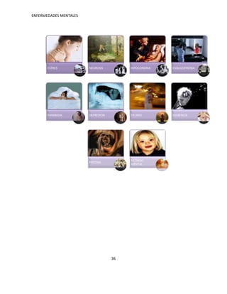 ENFERMEDADES MENTALES




       ESTRES           NEUROSIS         HIPOCONDRIA   ESQUIZOFRENIA




       PARANOIA         DEPRESION        DELIRIO       DEMENCIA




                                         RETRASO
                        PSICOSIS
                                         MENTAL




                                    36
 