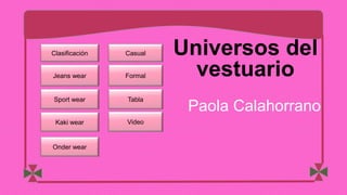 Paola Calahorrano
Universos del
vestuario
Clasificación
Jeans wear
Sport wear
Kaki wear
Onder wear
Casual
Formal
Tabla
Video
 