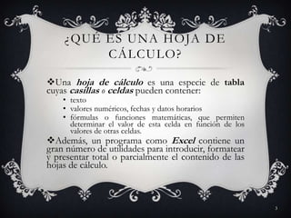 ¿QUÉ ES UNA HOJA DE
         CÁLCULO?

Una hoja de cálculo es una especie de tabla
cuyas casillas o celdas pueden contener:
    • texto
    • valores numéricos, fechas y datos horarios
    • fórmulas o funciones matemáticas, que permiten
      determinar el valor de esta celda en función de los
      valores de otras celdas.
Además, un programa como Excel contiene un
gran número de utilidades para introducir, formatear
y presentar total o parcialmente el contenido de las
hojas de cálculo.



                                                            3
 
