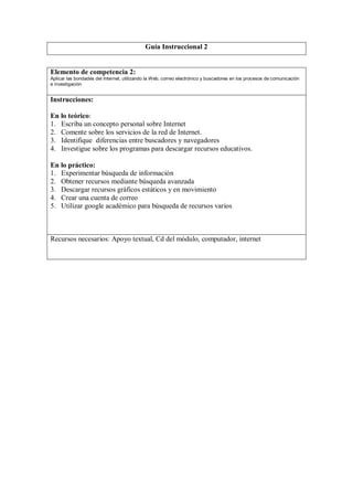 Guía Instruccional 2


Elemento de competencia 2:
Aplicar las bondades del Internet, utilizando la Web, correo electrónico y buscadores en los procesos de comunicación
e investigación


Instrucciones:

En lo teórico:
1. Escriba un concepto personal sobre Internet
2. Comente sobre los servicios de la red de Internet.
3. Identifique diferencias entre buscadores y navegadores
4. Investigue sobre los programas para descargar recursos educativos.

En lo práctico:
1. Experimentar búsqueda de información
2. Obtener recursos mediante búsqueda avanzada
3. Descargar recursos gráficos estáticos y en movimiento
4. Crear una cuenta de correo
5. Utilizar google académico para búsqueda de recursos varios



Recursos necesarios: Apoyo textual, Cd del módulo, computador, internet
 