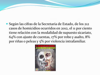  Según las cifras de la Secretaría de Estado, de los 212
  casos de homicidios ocurridos en 2012, el 11 por ciento
  tiene relación con la modalidad de supuesto sicariato,
  64% con ajuste de cuentas, 17% por robo y asalto, 8%
  por riñas o peleas y 5% por violencia intrafamiliar.
 