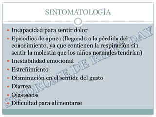 SINTOMATOLOGÍA

 Incapacidad para sentir dolor
 Episodios de apnea (llegando a la pérdida del
    conocimiento, ya que contienen la respiración sin
    sentir la molestia que los niños normales tendrían)
   Inestabilidad emocional
   Estreñimiento
   Disminución en el sentido del gusto
   Diarrea
   Ojos secos
   Dificultad para alimentarse
 