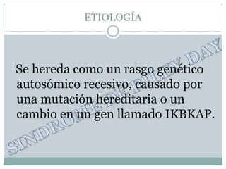 ETIOLOGÍA




Se hereda como un rasgo genético
autosómico recesivo, causado por
una mutación hereditaria o un
cambio en un gen llamado IKBKAP.
 