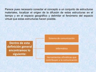 Parece pues necesario conectar el concepto a un conjunto de estructuras
materiales, localizar el origen de la difusión de estas estructuras en el
tiempo y en el espacio geográfico y delimitar el fenómeno del espacio
virtual que estas estructuras hacen posible.
Dentro de esta
definición general
encontramos lo
siguiente:
Sistema de comunicación
Informática
Herramientas ofimáticas que
contribuyen a la comunicación
 