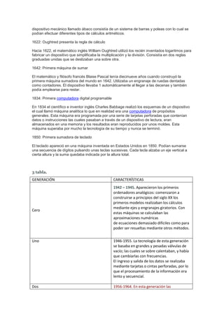 dispositivo mecánico llamado ábaco consistía de un sistema de barras y poleas con lo cual se
podían efectuar diferentes tipos de cálculos aritméticos.

1622: Oughtred presenta la regla de cálculo

Hacia 1622, el matemático inglés William Oughtred utilizó los recién inventados logaritmos para
fabricar un dispositivo que simplificaba la multiplicación y la división. Consistía en dos reglas
graduadas unidas que se deslizaban una sobre otra.

1642: Primera máquina de sumar

El matemático y filósofo francés Blaise Pascal tenía diecinueve años cuando construyó la
primera máquina sumadora del mundo en 1642. Utilizaba un engranaje de ruedas dentadas
como contadores. El dispositivo llevaba 1 automáticamente al llegar a las decenas y también
podía emplearse para restar.

1834: Primera computadora digital programable

En 1834 el científico e inventor inglés Charles Babbage realizó los esquemas de un dispositivo
el cual llamó máquina analítica lo que en realidad era una computadora de propósitos
generales. Esta máquina era programada por una serie de tarjetas perforadas que contenían
datos o instrucciones las cuales pasaban a través de un dispositivo de lectura, eran
almacenados en una memoria y los resultados eran reproducidos por unos moldes. Esta
máquina superaba por mucho la tecnología de su tiempo y nunca se terminó.

1850: Primera sumadora de teclado

El teclado apareció en una máquina inventada en Estados Unidos en 1850. Podían sumarse
una secuencia de dígitos pulsando unas teclas sucesivas. Cada tecla alzaba un eje vertical a
cierta altura y la suma quedaba indicada por la altura total.



3 tabla.
GENERACIÓN                                       CARACTERÍSTICAS
                                                 1942 – 1945. Aparecieron los primeros
                                                 ordenadores analógicos: comenzaron a
                                                 construirse a principios del siglo XX los
                                                 primeros modelos realizaban los cálculos
                                                 mediante ejes y engranajes giratorios. Con
Cero
                                                 estas máquinas se calculaban las
                                                 aproximaciones numéricas
                                                 de ecuaciones demasiado difíciles como para
                                                 poder ser resueltas mediante otros métodos.


Uno                                              1946-1955. La tecnología de esta generación
                                                 se basaba en grandes y pesadas válvulas de
                                                 vacío; las cuales se sobre calentaban, y había
                                                 que cambiarlas con frecuencias.
                                                 El ingreso y salida de los datos se realizaba
                                                 mediante tarjetas o cintas perforadas, por lo
                                                 que el procesamiento de la información era
                                                 lento y secuencial.

Dos                                              1956-1964. En esta generación las
 