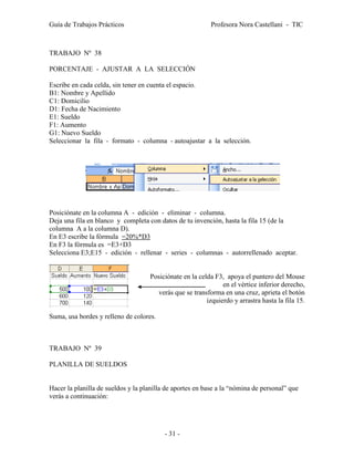 Guía de Trabajos Prácticos                                 Profesora Nora Castellani - TIC



TRABAJO Nº 38

PORCENTAJE - AJUSTAR A LA SELECCIÓN

Escribe en cada celda, sin tener en cuenta el espacio.
B1: Nombre y Apellido
C1: Domicilio
D1: Fecha de Nacimiento
E1: Sueldo
F1: Aumento
G1: Nuevo Sueldo
Seleccionar la fila - formato - columna - autoajustar a la selección.




Posiciónate en la columna A - edición - eliminar - columna.
Deja una fila en blanco y completa con datos de tu invención, hasta la fila 15 (de la
columna A a la columna D).
En E3 escribe la fórmula =20%*D3
En F3 la fórmula es =E3+D3
Selecciona E3;E15 - edición - rellenar - series - columnas - autorrellenado aceptar.


                                    Posiciónate en la celda F3, apoya el puntero del Mouse
                                                               en el vértice inferior derecho,
                                      verás que se transforma en una cruz, aprieta el botón
                                                         izquierdo y arrastra hasta la fila 15.

Suma, usa bordes y relleno de colores.



TRABAJO Nº 39

PLANILLA DE SUELDOS


Hacer la planilla de sueldos y la planilla de aportes en base a la “nómina de personal” que
verás a continuación:




                                          - 31 -
 